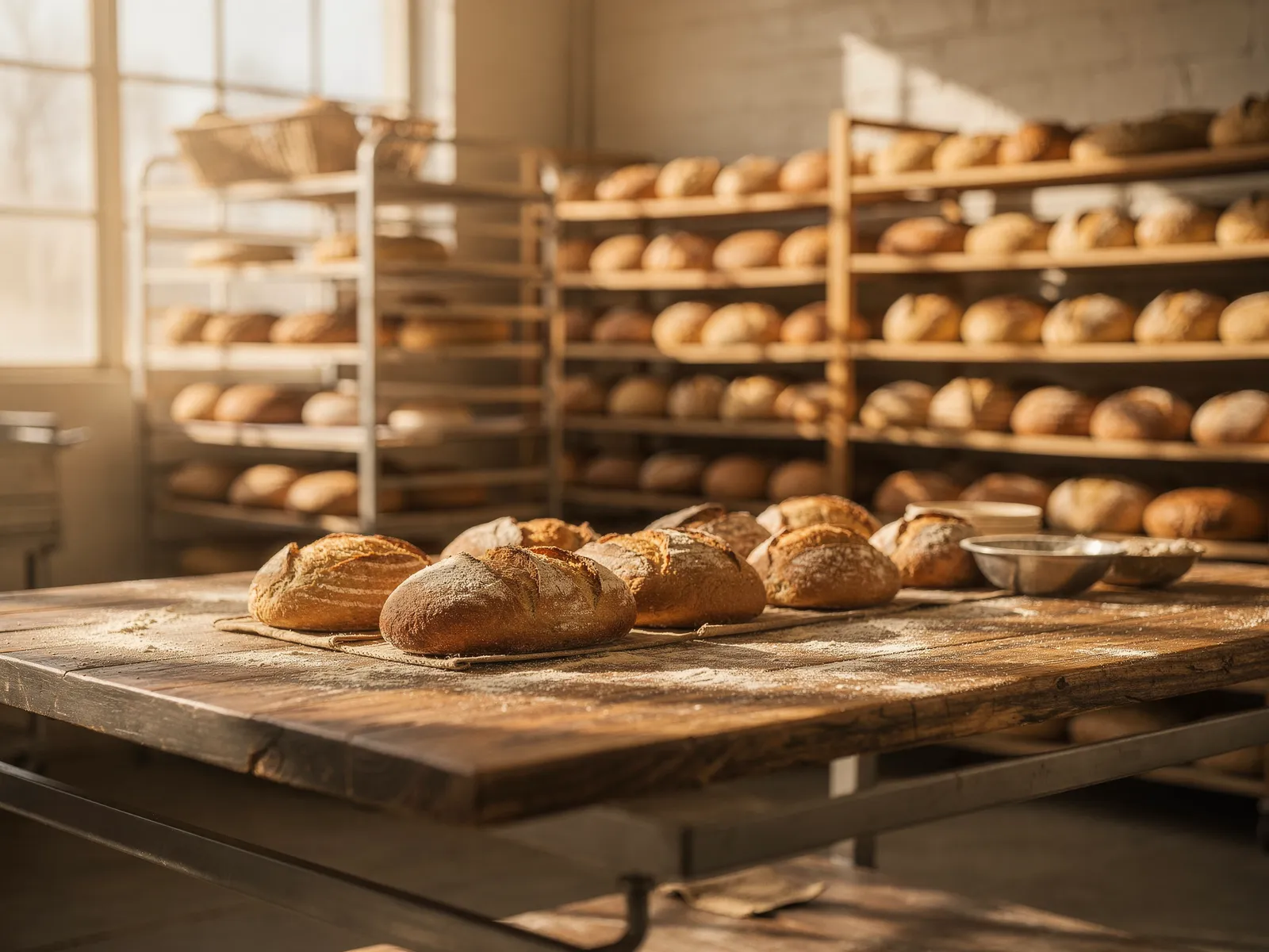 Inside the Daisy's Bakery production facility: work tables dusted with flour and racks of fresh bread