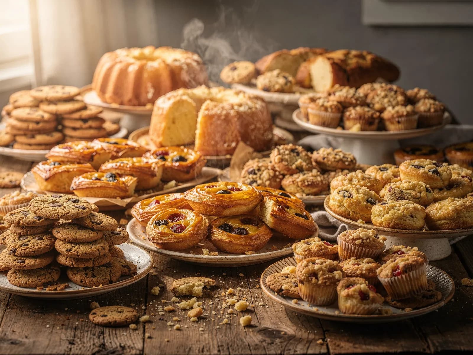 A table covered with Daisy's Bakery products: pound cakes, cookies, danishes, and muffins
